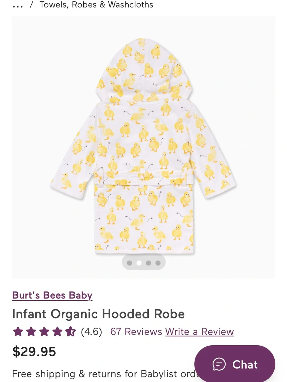Hooded Baby Bath Robe with Yellow Duck Print - Burt's Bees